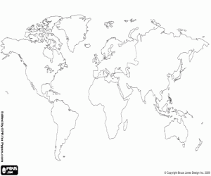 The continents, map of the world coloring page