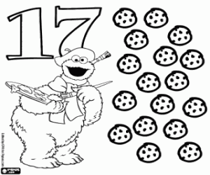 Cookie Monster and number seventeen coloring page