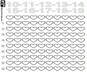 To count from 10 to 19, hearts coloring page