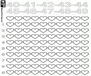 Count from 40 to 49 with hearts coloring page