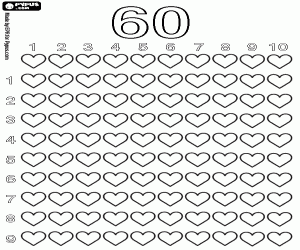 Count up to 60 with hearts coloring page