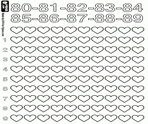 Counting from 80 to 89 with hearts coloring page