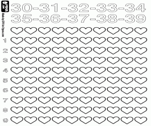 Counting hearts of 30 to 39 coloring page