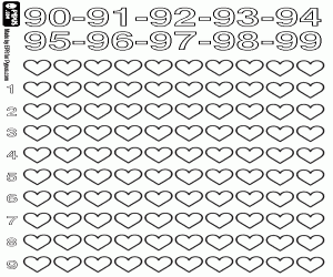 Counting hearts from 90 to 99 coloring page