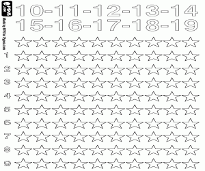 Counting stars from 10 to 19 coloring page