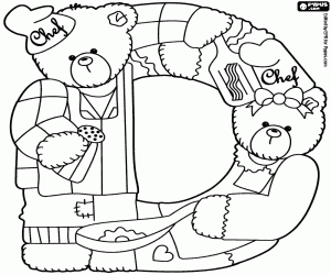Couple of bears chefs and letter D coloring page