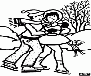 Couple skating on the frozen lake coloring page