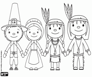 Couples of settlers and indigenous coloring page