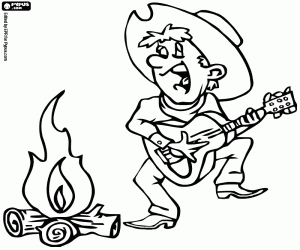 A cowboy, the fire and the music coloring page