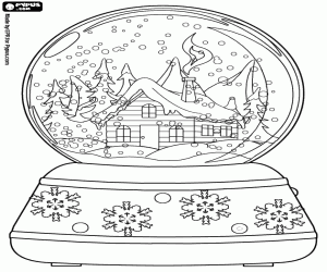 A crystal snowball with wooden house coloring page