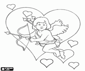 Cupid among the hearts coloring page