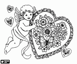 Cupid and a heart with flowers coloring page