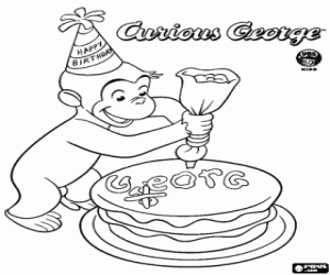 Curious George and a birthday cake coloring page
