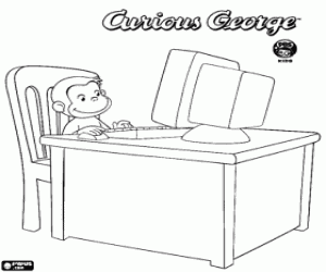 Curious George and the computer coloring page