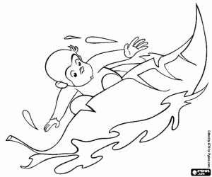 Curious George is surfing coloring page