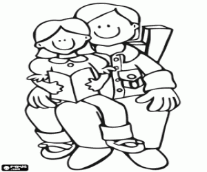 A dad and his daughter with a book coloring page