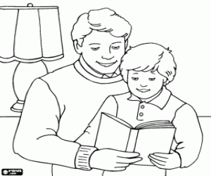 Dad helping his child read coloring page