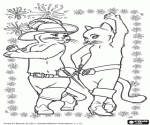 Dance of Puss in boots and Kitty coloring page