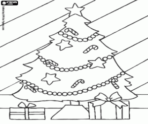 Decorated Christmas tree and gifts coloring page