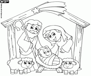 A decorative Nativity scene coloring page
