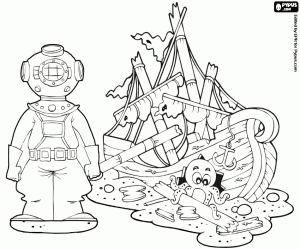 The deep sea diver next to the boat coloring page