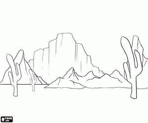 Desert with cacti and mountains coloring page