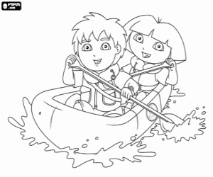 Diego and Dora on a rowing boat coloring page