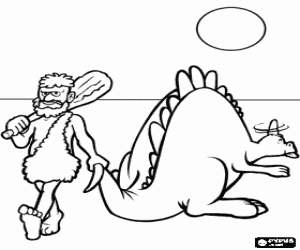 Dinosaur and caveman coloring page