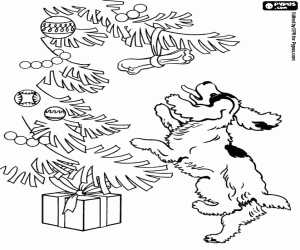 A dog and a bone at Christmas fir coloring page