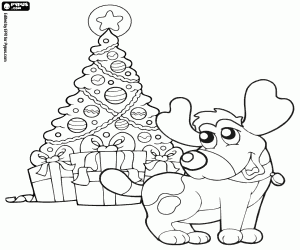 The dog with the Christmas fir coloring page