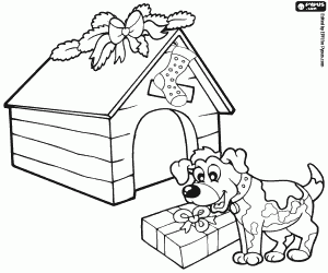 A dog and a Christmas gift coloring page