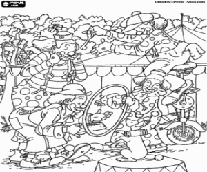 A dog and clowns at the circus coloring page