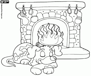 The dog and the fireplace coloring page