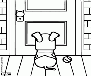 A dog in front of the door coloring page