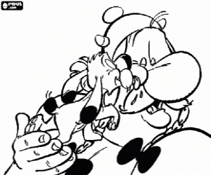 The dog licks the face of Obelix coloring page