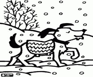 Dog walking through a snowy landscape coloring page