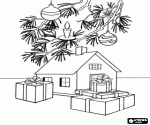 Doll house under the Christmas tree coloring page