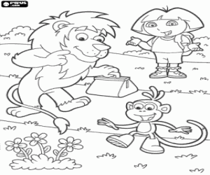Dora, Boots and the lion in the park coloring page