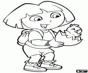 Dora with a chick in the hands coloring page