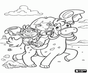 Dora with the monkey on a horse coloring page