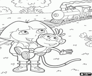 Dora and the monkey near the train coloring page
