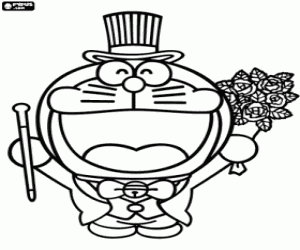 Doraemon with a bouquet of flowers coloring page