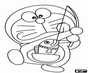 Doraemon with a fish coloring page