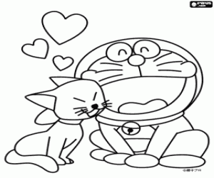 Doraemon and a kitten coloring page