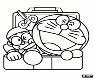 Doraemon and Nobita in the suitcase coloring page