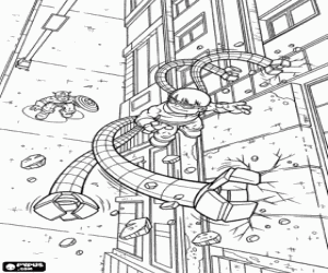 Dr. Octopus climbs a building coloring page