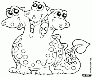 Dragon with three smiling heads coloring page