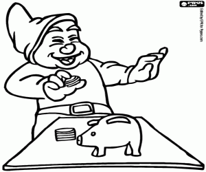 A dwarf with a piggy bank coloring page