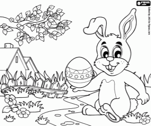 Easter Bunny, Easter egg and houses coloring page