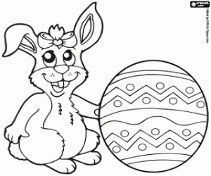 Easter Bunny with ribbon bow and egg coloring page